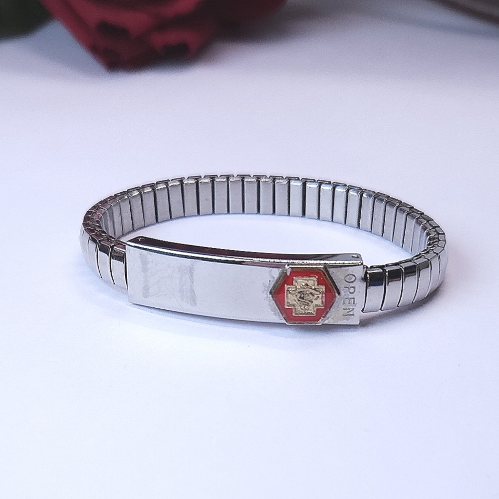Vintage Stainless Steel Medical ID First Aid Flexible Bracelet Gold Enamel Charm